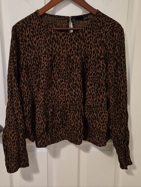 GAP Leopard-Print Long Sleeve Peplum Blouse - Brown/Black